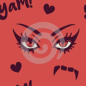 Vector seamless pattern in red color with woman\'s eyes and vampire fangs