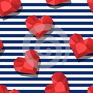 Vector seamless pattern with red gem stones in heart shape and blue stripes.