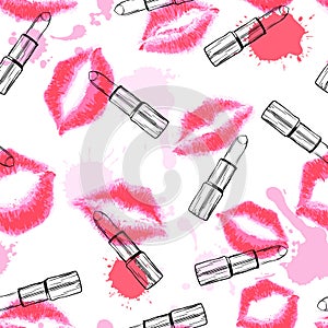 Vector seamless pattern with red kisses and sketch lipstick. Pink lips watercolor background.