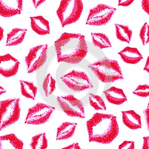 Vector seamless pattern with red lipstick kisses. Pink lips watercolor background.