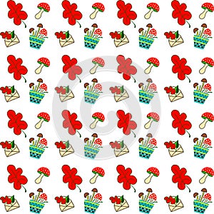 Vector seamless pattern of red oak leaf, fly-agaric mushrooms, green lea, mushrooms in pot and envelope with leaves.