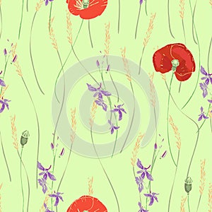 Vector seamless pattern with red poppies, white daisies, blue cornflowers and ears of wheat