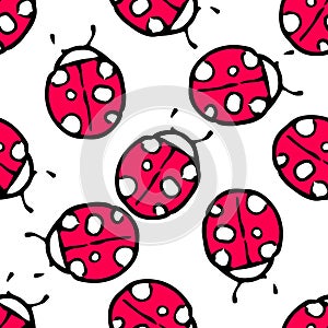 Vector seamless pattern of a red round beetle with white spots and small antennae and a black outline randomly arranged on a white