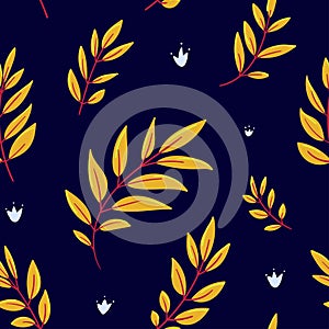 Vector seamless pattern. Red twigs with yellow leaves on a dark blue background. Hand-drawn natural pattern. Decorative background