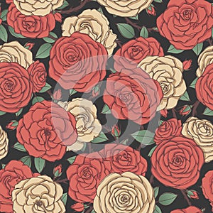 Vector seamless pattern with red and yellow rose flowers and leaves on black background. Floral ornament of blossoms