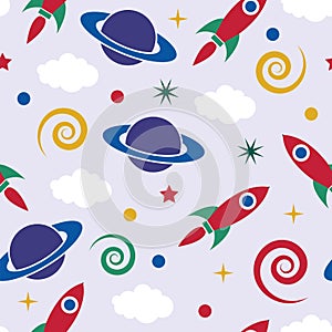 Vector seamless pattern with retro rocket ship in space and saturn planet