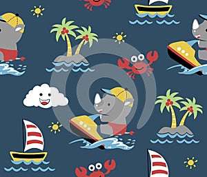 Vector seamless pattern of rhino cartoon play speedboat