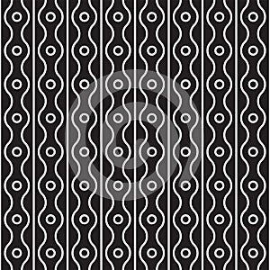 Vector seamless pattern of rings, vertical straight and wavy lines. Simple modern abstract background. Abstract monochrome