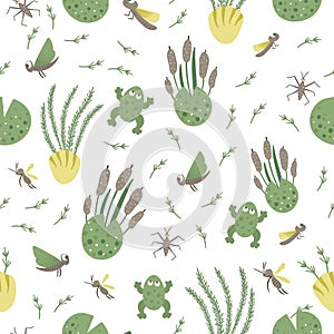 Vector seamless pattern with river or marsh elements. Cute repeat background with frog, reeds, water insects. Sweet ornament for