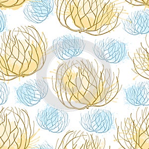 Vector seamless pattern with rolling desert plant Tumbleweed in beige and blue on the white background. Dry weed bush Tumbleweed.