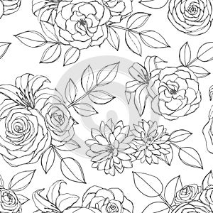 Vector seamless pattern with rose, lily, peony and chrysanthemum flowers line art on the white background. Hand drawn floral