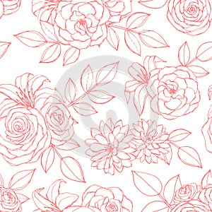 Vector seamless pattern with rose, lily, peony and chrysanthemum flowers pink line art on the white background. Hand drawn florals