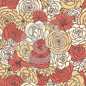 Vector seamless pattern with rose, lily, peony and chrysanthemum flowers of red, yellow and white colors. Hand drawn florals