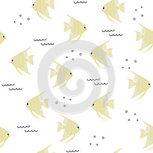 Vector seamless pattern with scalaria fish.Underwater cartoon creatures.Marine background.Cute ocean pattern for fabric