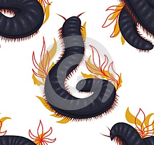 Vector seamless pattern with scary centipedes with foliage and leaves on white background. Texture with julida and stems