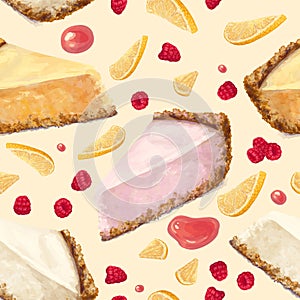 Vector seamless pattern of scattered ripe raspberry, oranges pieces, cheesecake cake, spilled jam, tender, tasty creamy