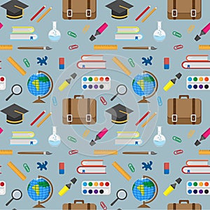 Vector seamless pattern with school supplies.