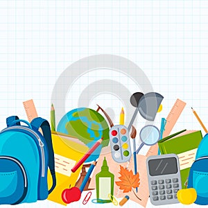 Vector seamless pattern with school supplies. Globe, Backpack, pencils, pens, Paper clip