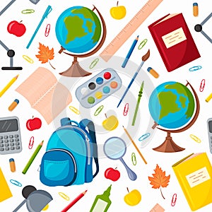 Vector seamless pattern with school supplies. Globe, Backpack, pencils, pens, Paper clips