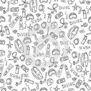 Vector seamless pattern of scuba diving equipment.