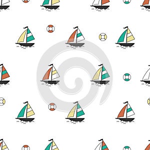 Vector seamless pattern with sea boats and lifebuoys