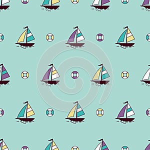 Vector seamless pattern with sea boats and lifebuoys