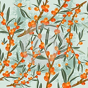 Vector seamless pattern of sea buckthorn tree branches. Ripe orange berries, sea buckthorn fruits.