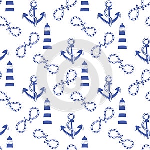 Vector seamless pattern with sea elements: lighthouses, ships, anchors. Can be used for wallpapers, web page backgrounds.