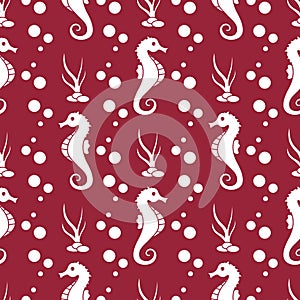 Vector seamless pattern with sea horses, plants