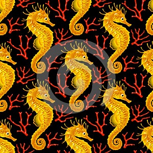 Vector Seamless Pattern with Seahorse and Coral
