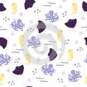 Vector seamless pattern with seahorse, octopus, devilfish.Underwater cartoon creatures.Marine background.Cute ocean