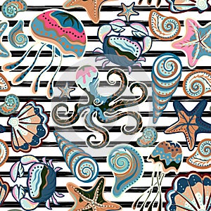 Vector seamless pattern of seashells on striped background. Hand drawn vintage engraved illustration of ocean underwater