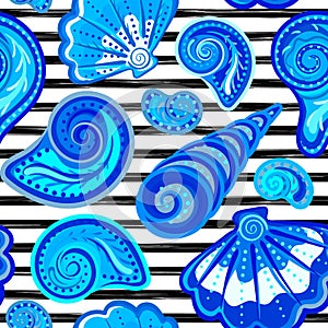 Vector seamless pattern of seashells on striped background. Hand drawn vintage engraved illustration of ocean underwater