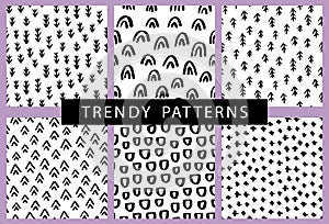 Vector seamless pattern set with brush doodle strokes, spots