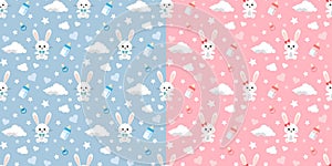 Vector seamless pattern set with rabbit, clouds, stars, dummy, baby bottles on blue and pink background for boy and girl