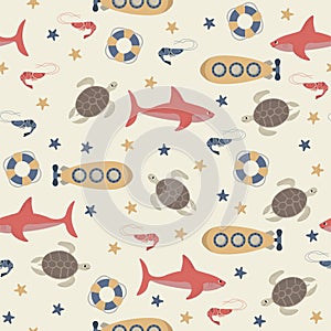 Vector seamless pattern with shark,submarine,turtle,shrimp,starfish,lifebuoy.Underwater cartoon creatures.Marine