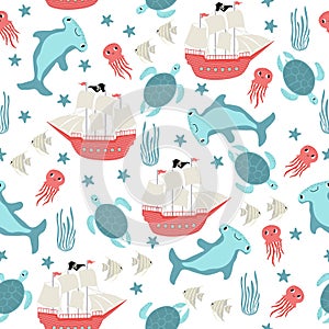 Vector seamless pattern with ship hammerhead fish,turtle,starfish, jellyfish.Underwater cartoon creatures.Marine