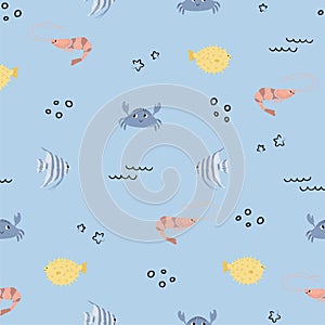 Vector seamless pattern with shrimp, crab, fugu fish, scalaria fish.Underwater cartoon creatures.Marine background.Cute