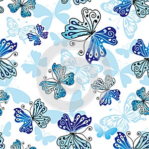 Vector seamless pattern with silhouettes of flying blue gradient butterflies