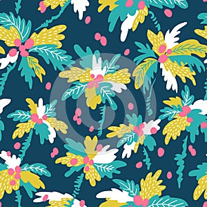 Vector seamless pattern with silhouettes tropical coconut palm trees. Summer repeating background.