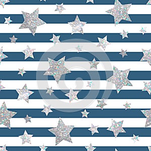 Vector seamless pattern with silver holographic glitter stars on blue and white stripes background