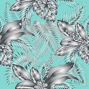 Vector seamless pattern with silver tropical leaves on tiffany blue background