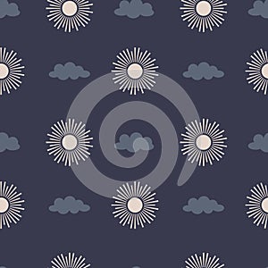 Vector Seamless pattern with simple celestial elements, sun, cloud. Minimalistic backdrop on a dark blue background