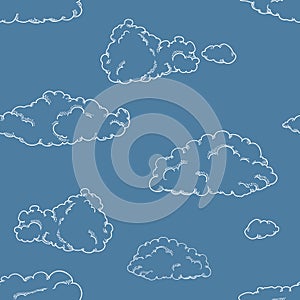 Vector Seamless Pattern of Sketch Clouds on Blue Sky Background