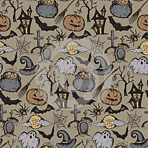 Vector seamless pattern with sketch Halloween characters
