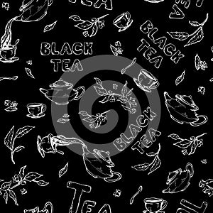 Vector seamless pattern sketch of items bun-fight and lettering on black background. Tea from the kettle poured into