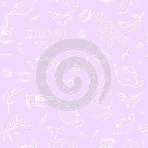 Vector seamless pattern sketch of items bun-fight and lettering on gentle lilac background. Tea from the kettle poured