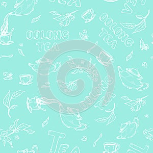 Vector seamless pattern sketch of items bun-fight and lettering on gentle turquoise background. Oolong tea from the