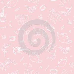 Vector seamless pattern sketch of items bun-fight and lettering on light pink background. Fruit tea from the kettle