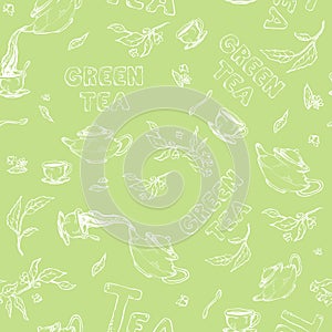 Vector seamless pattern sketch of items bun-fight and lettering on pale green background. Tea from the kettle poured